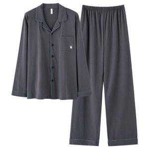 Men's Solid Color Lapel Long-Sleeve & Pants Cotton Pajama Set