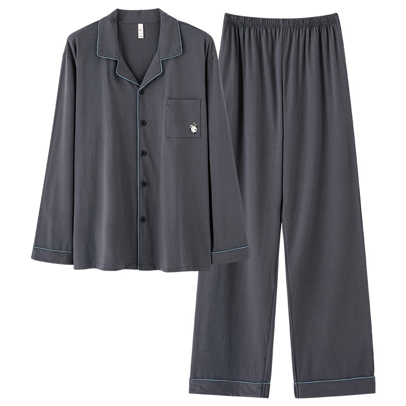 Men's Solid Color Lapel Long-Sleeve & Pants Cotton Pajama Set
