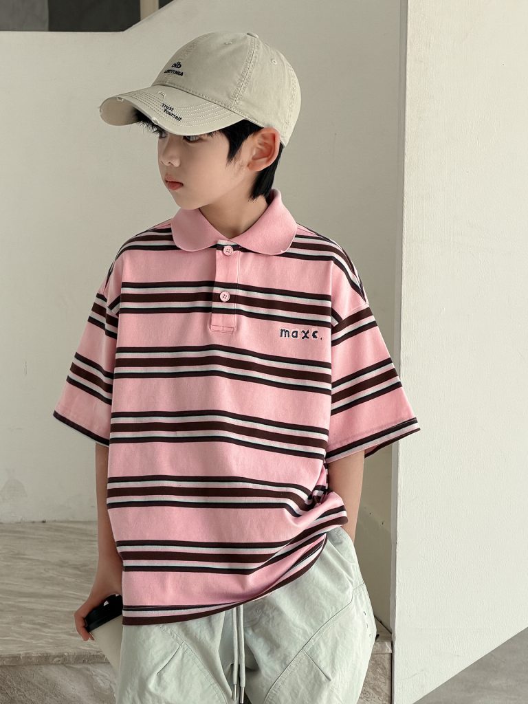 Kids Pink & Brown Striped Turn-Down Collar Polo Shirt