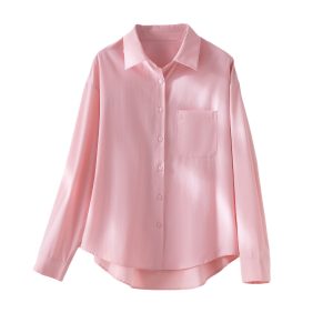 Women's Pink Oversized Dropped-Shoulder Pocket Long-Sleeve Shirt