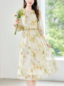 Women's Fresh Floral Chiffon Midi Dress
