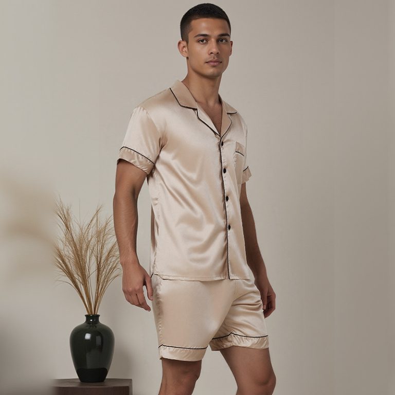 Men's Imitation Silk Contrast Piping Short-Sleeve & Shorts Pajama Set