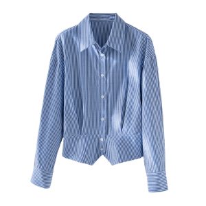 Women's Blue-White Striped Cropped Asymmetric Hem Long-Sleeve Shirt