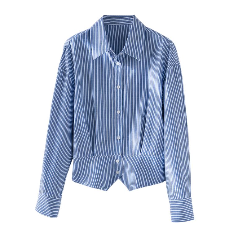 Women's Blue-White Striped Cropped Asymmetric Hem Long-Sleeve Shirt
