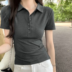 Women's Slim Fit Polo Collar Short Sleeve T-Shirt
