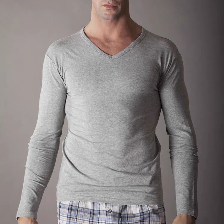 Men's V-Neck Solid Color Long-Sleeve Basic T-Shirt (Layering Top)