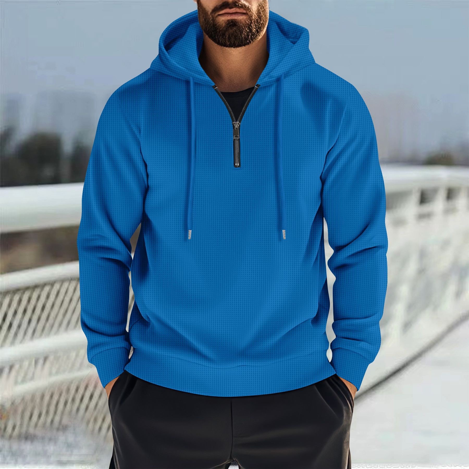 Men's Half-Zip Hooded Waffle Sweatshirt (Casual Sport Style)