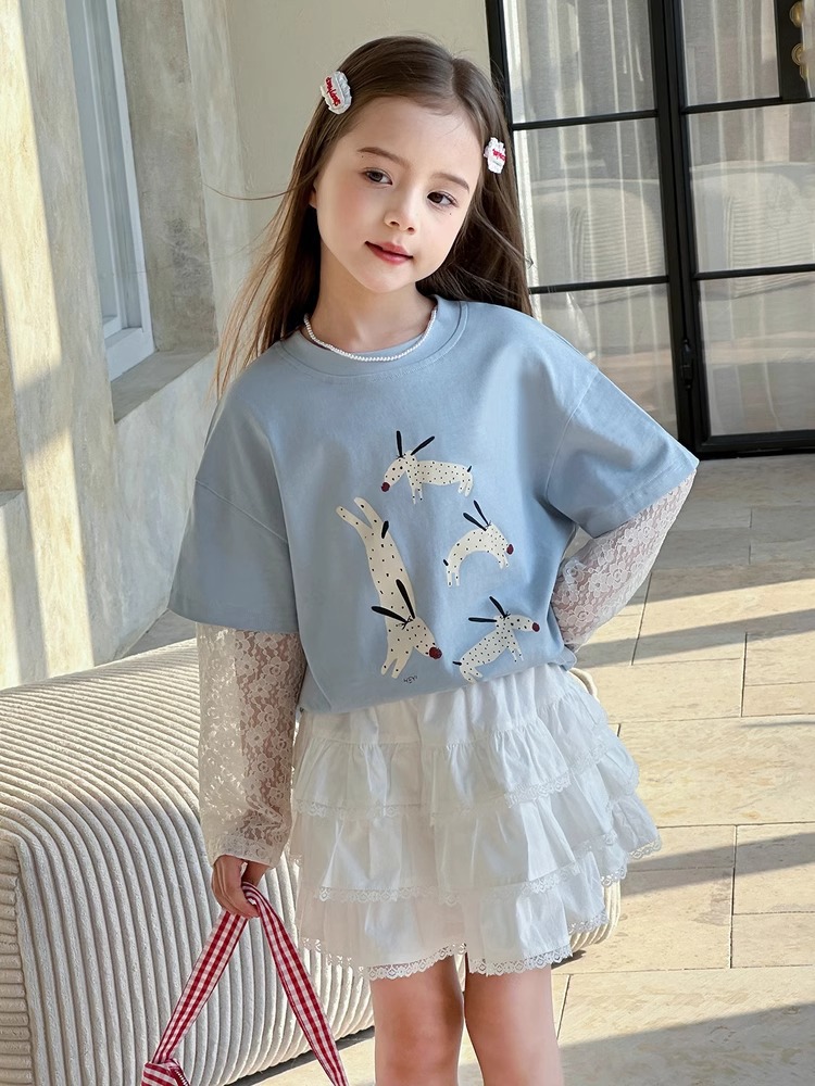 Kids Fake Two-Piece Lace Sleeve Cartoon Animal Long-Sleeve T-Shirt