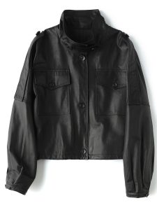 Women's Cropped Stand Collar Workwear Style Genuine Leather Jacket