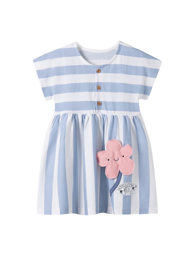 Girls' Blue & White Stripe Flower Applique Short-Sleeve Dress
